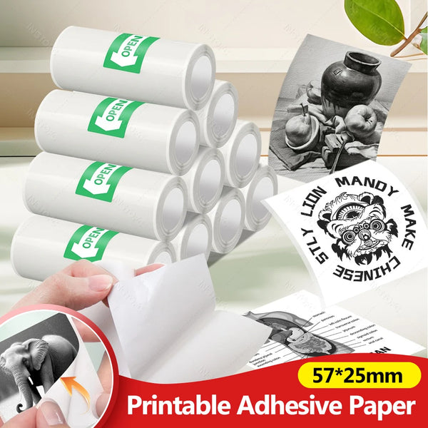 Adhesive Thermal Sticker Paper Rolls 57x25mm for Mini Pocket Printer, 3-15 Rolls