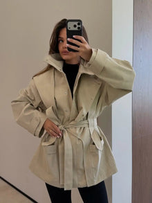 Women Short Trench Coat Belted Stand Collar Double Breasted Utility Jacket Oversized Pocket Chic Casual Office Commute Outerwear