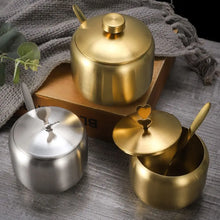 Useful Stainless Steel Sugar Bowl Gold Silver Large Capacity Seasoning Pot with Spoon Lid Durable Storage Jar Home