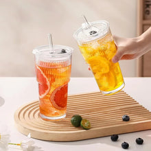 400/600ML Striped Glass Coffee Cup Transparent Drinking Cup with Lid and Straw Large Capacity Juice Iced Coffee Cup Drinking Cup