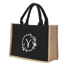 Bolso de mano de lona de lino con parches negros y estampado de letras de hoja plateada, con bolsa interior impermeable de gran capacidad para el día a día.