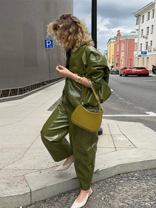 Olive Green Leather Jacket Coat Silhouette Vintage High Street Trend Zipper Lapel Short Overcoat Loose Casual Top Outwear Autumn