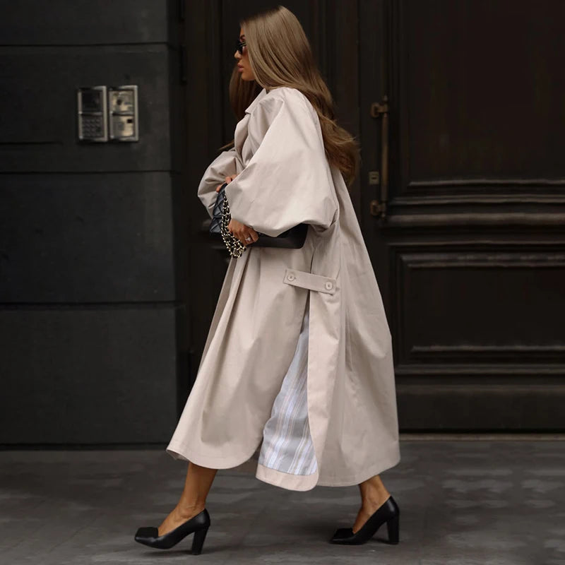 Oversized Solid Wome's Long Trench Coat Puff Sleeve Side Slit Maxi Windbreaker Lapel Single Breasted Lady Autumn Tench Coats