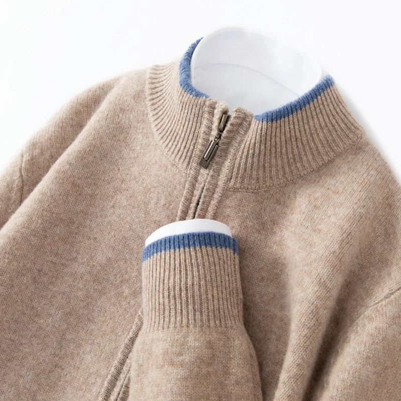 Cárdigan de punto grueso con cremallera y cuello alto para hombre, 100% lana merino, novedad de otoño e invierno, suéter tipo suéter de cachemir