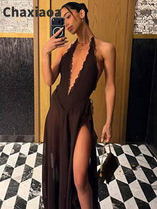Chaxiaoa Halter Deep V Neck Backless Sexy Maxi Dress Women Elegant Off-shoulder Sleeveless High Split Club Party Long Dress