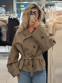 Plaid Short Trench Coat Women Lapel Collar Double Breasted Belted Waist Long Sleeve Loose Jacket 2026 Autumn Casual Chic Coats