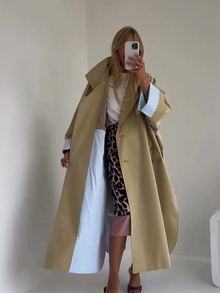 Women 2026 Khaki Long Color-Block Stripe Trench Coat Wide Lapel Loose Drop Shoulder Blue Lining Slit  Coat Commute Outing wear