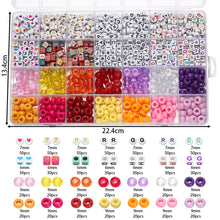 Caja con 840 piezas: cuentas de letras acrílicas redondas y planas de 7 mm, cuentas espaciadoras cuadradas y cuentas tipo pony de colores de 9 mm, kit de suministros para hacer joyería DIY