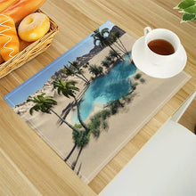 Beach Landscape Coconut Trees Print Linen Dining Table Mats Alphabet Kitchen Placemat 30X40cm Coasters Pads Bowl Cup Mat
