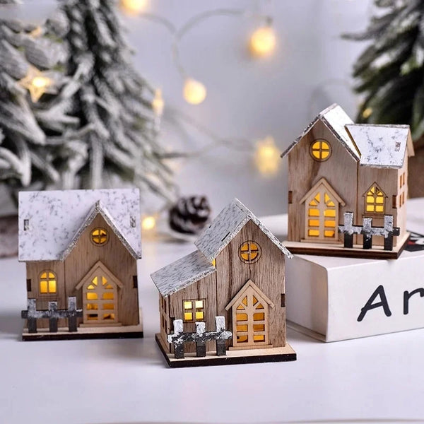 Casa de madera con luces LED navideñas, cabaña luminosa, decoraciones de Feliz Navidad para el hogar, adornos de árbol de Navidad DIY, regalos para niños, Año Nuevo