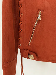 HIGH STREET Newest 2026 F/W Designer Jacket Women's Rope Lacing Up Logo Beaded Synthetic Suede Leather Motorcycle Biker Jacket