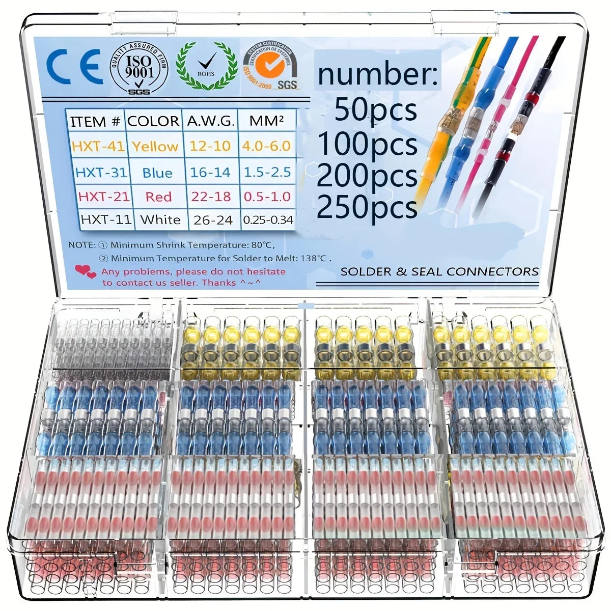 Waterproof Heat Shrinkable Solder Ring Terminal Kit - Available in 50/100/200/250pcs Combination Boxes for Easy Connections