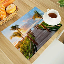 Beach Landscape Coconut Trees Print Linen Dining Table Mats Alphabet Kitchen Placemat 30X40cm Coasters Pads Bowl Cup Mat