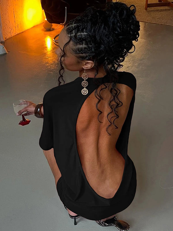 Nibber o-cuello Sexy Vestido Mini Sin Espalda Mujer Y2K Estilo Sólido de Tendencia Manga Media Chicas Picantes Moda Callejera de Medianoche Atuendos Delgados
