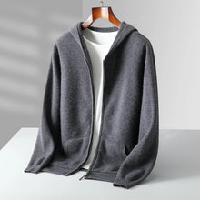 Abrigo de punto con capucha y cremallera para hombre, jersey grueso de 100% lana merina, cárdigan de manga larga para otoño e invierno, ropa de hombre