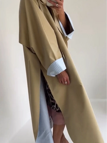 Women 2026 Khaki Long Color-Block Stripe Trench Coat Wide Lapel Loose Drop Shoulder Blue Lining Slit  Coat Commute Outing wear