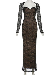 Vestido largo ajustado de encaje con escote bajo, estilo coquette y elegante para mujer, ideal para fiesta o noche
