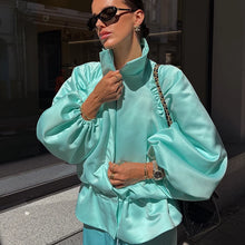 Shiny Fabric Jacket High Stand Collar Oversized Puff Sleeve Drawstring Cropped Hem 2026 Autumn Fashion Daily Lady Sweet Jacket