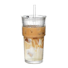 400/600ML Striped Glass Coffee Cup Transparent Drinking Cup with Lid and Straw Large Capacity Juice Iced Coffee Cup Drinking Cup