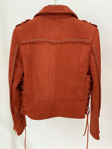 HIGH STREET Newest 2026 F/W Designer Jacket Women's Rope Lacing Up Logo Beaded Synthetic Suede Leather Motorcycle Biker Jacket