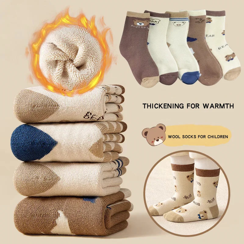5 Pairs Winter Autumn Thicken Warm Kids Boys Half Socks Cartoon Bear Striped Cute Cozy Soft Brushed Breathable Children Socks