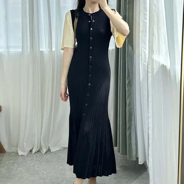 Vestido de punto de sirena adelgazante de lujo con fragancia elegante francesa de nueva colección primavera-verano, vestido de punto con cola de pez adelgazante ahuecado