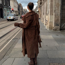 Women's Vintage Brown Suede Trench Coat Long Belted Overcoat Retro Windbreaker Fashion Female Date Commuter Streetwear Outerwear
