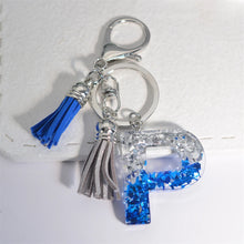 Llaveros creativos de resina de 26 letras con borla, accesorios de moda con iniciales, lentejuelas, color azul y plateado, colgante para bolso