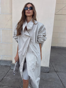 Oversized Stand Collar Long Trench Coat Women Single Button Loose Wide Sleeve Minimalist Windbreaker Luxury Casual Outerwear New