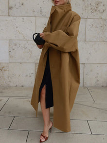 Women Stand Collar Full Sleeve Oversized Windbreaker Solid Single Breasted Lace Up Long Trench Coat Lady Autumn Casual Jacket