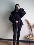 Women Short Wool Blend Trench Coat Lapel Collar Belted Waist Wrap Long Sleeve Loose Overcoat Casual Autumn Winter Lady Jackets