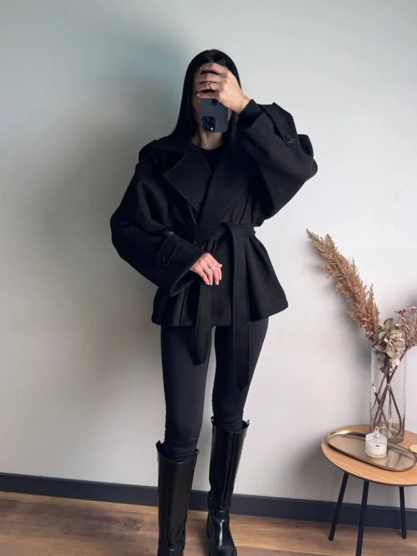 Gabardina corta de mezcla de lana para mujer, con cuello de solapa, cinturón en la cintura, manga larga, abrigo holgado, chaqueta casual de otoño e invierno para dama