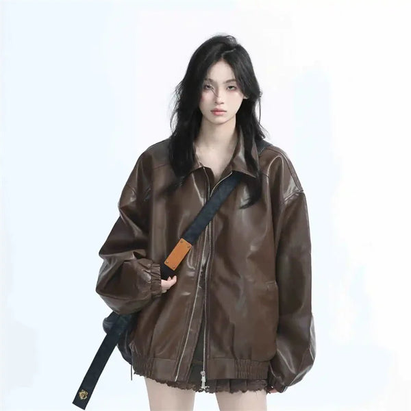 Chaqueta de piel sintética con cremallera para mujer, estilo retro, abrigo de cuero de manga larga para primavera y otoño 2025, prenda de vestir exterior de cuero sintético para mujer