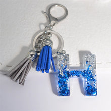 Llaveros creativos de resina de 26 letras con borla, accesorios de moda con iniciales, lentejuelas, color azul y plateado, colgante para bolso