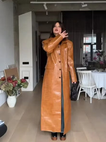 Brown Crocodile Embossed Faux Leather Trench Coat Lapel Single Breasted Straight Front Pockets Women Autumn Winter Fit Jackets