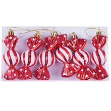 Christmas tree decorations, snowmen, faceless Santa Claus, candy sticks, colorful balls, small houses, Christmas atmosphere deco