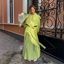 Women Casual Long Trench Coat with Lapel Collar Single-Breasted Batwing Sleeves Windbreaker New Streetwear Oversized Outerwear