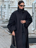 Women Black Long Solid Color Trench Coat Stand Collar Loose Drop Shoulder Single-breasted Windbreaker Lady Commute Outing Wear
