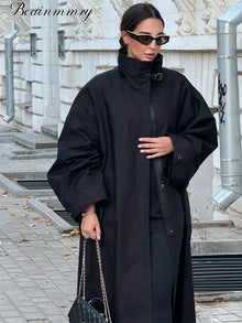 Women Black Long Solid Color Trench Coat Stand Collar Loose Drop Shoulder Single-breasted Windbreaker Lady Commute Outing Wear