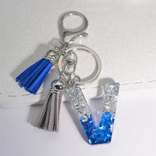 Llaveros creativos de resina de 26 letras con borla, accesorios de moda con iniciales, lentejuelas, color azul y plateado, colgante para bolso
