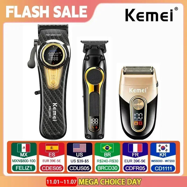 Kemei Hair Clippers Kit Professional DLC Blade Electric Trimmer Men Barber Cordless Shaver KM-2242 KM-2351 KM-3209 Hair Clippers