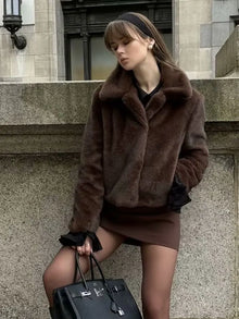 HH Women Casual Brown Short Faux Fur Coat Turn-Down Collar Long Sleeve Jacket 2025 Autumn Winter Loose High Street Outwear