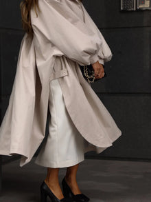Solid Commute Women's Trench Coat Ovesized Puff Sleeve Single Breasted Long Jacket Lapel Side Slit 2026 New Autumn Lady Outwear