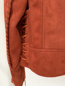 HIGH STREET Newest 2026 F/W Designer Jacket Women's Rope Lacing Up Logo Beaded Synthetic Suede Leather Motorcycle Biker Jacket