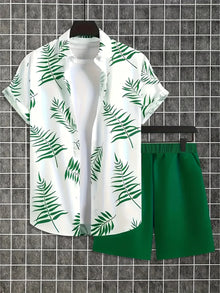 New Coconut Tree Print Men's Set Loose-Fit Hawaiian Short-Sleeve Shirt & Shorts Two-Piece Set Men Premium Fashion Streetwear Set