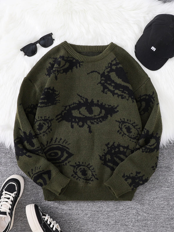 Nuevo suéter de punto para hombre, popular para otoño e invierno, con patrón abstracto de ojos en jacquard, cuello redondo y estilo casual.
