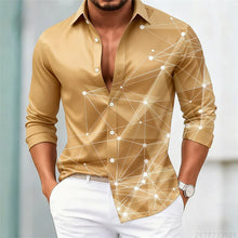 Men's trendy geometric line print long-sleeved shirt. Fashionable slim black technology-style shirt. Popular men's shirt.