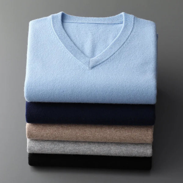 Suéter de punto con cuello en V clásico, mezcla de algodón y cachemira para hombre, jersey de estilo casual de negocios, suave y cálido, otoño-invierno 2024