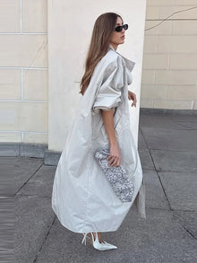 Oversized Stand Collar Long Trench Coat Women Single Button Loose Wide Sleeve Minimalist Windbreaker Luxury Casual Outerwear New