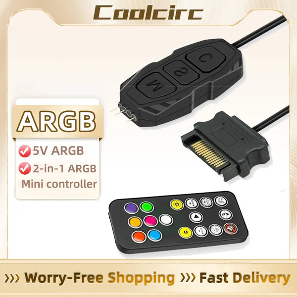 Controlador ARGB Coolcirc de 5V y 3 pines a fuente de alimentación SATA, mini controlador RGB, concentrador de 3 pines para ventilador de caja de CPU de computadora, luz LED y radiador